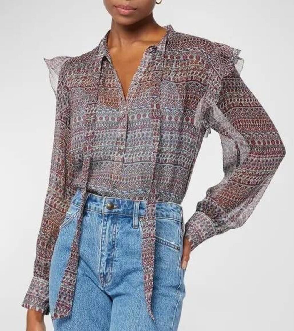 Joie Eloise Silk neck tie flutter sheer multicolor print blouse top womens XXS